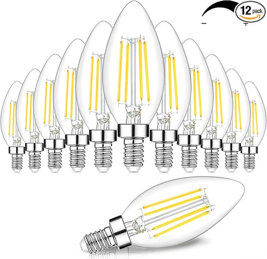 12-Pack Dimmable E12 LED Candelabra Bulbs 60W Equivalent, 5000K Daylight White, 600 Lumens B11 Candle Base 6W C35 LED Filament Vintage Light Bulbs, Clear Glass for Chandelier Ceiling Fan High CRI 90+