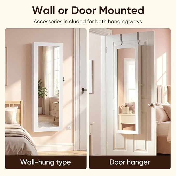 Antok 6 LEDs Jewelry Cabinet with Lock, 48" Full Length Mirror Wall Mounted or Over The Door Jewelry Organizer, Large Capacity Storage for Bedroom&Cloakroom&Entryway, Gift for Women, White