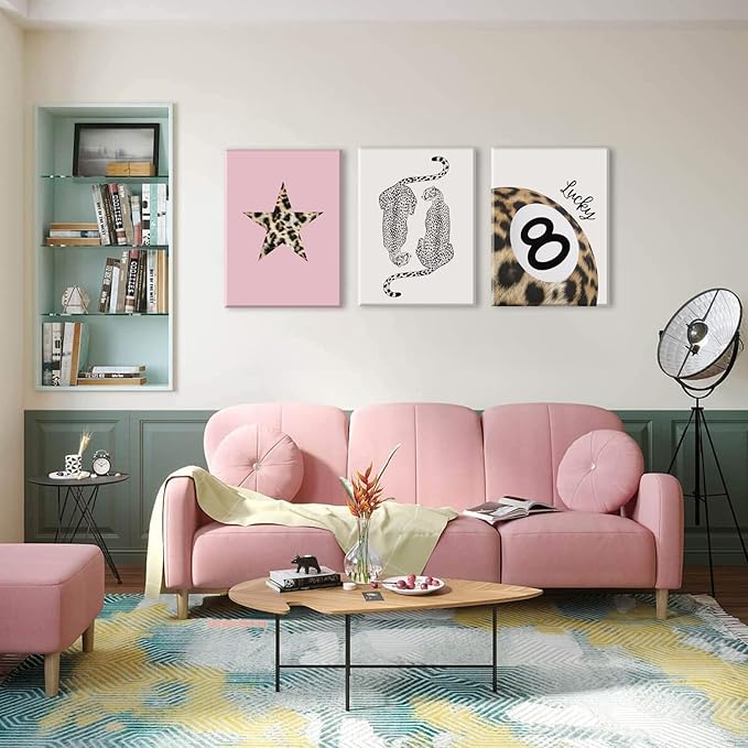 Hwetui Trendy Leopard Canvas Wall Art Set of 3 Funky Lucky 8 Ball Posters Prints Preppy Room Aesthetic Painting Cheetah Wall Decor Pictures for Girls Bedroom Apartment Dorm 16x24 Inch Framed