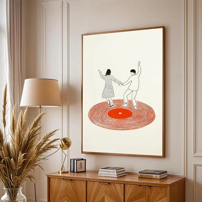 Retro Record Player Poster Vintage Vinyl Records Poster Retro Wall Art Music Dancing Couple Wall Art Print Modern Music Inspired Illustration for Home Bar or Living Room Bedroom,16x14inch Unframed