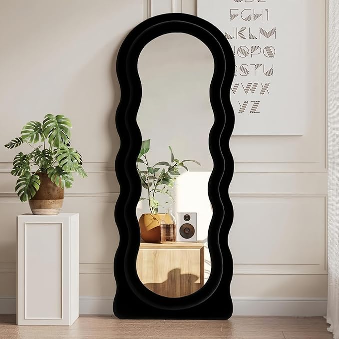 Dewfig Wavy Full Length Mirror with Stand, 63" x 24" Irregular Floor Mirror, Large Floor Length Mirror, Freestanding/Leaning/Wall Mounted, Flannel Wrapped Wooden Frame for Bedroom/Living Room, Black