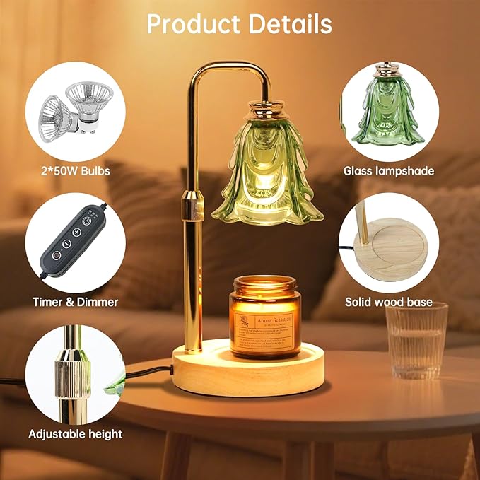 Droyek Candle Warmer Lamp with Timer Electric Candle Warmer Lamp Adjustable Height Dimmable Wax Warmer Lamp Jar Candles with 2 Bulbs for Home Decor & Office