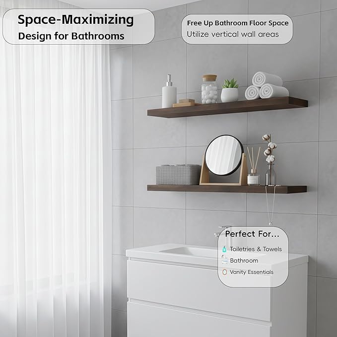 Lufia Floating Wall Shelves, Set of 2, MDF with Invisible Brackets, Modern Storage for Bedroom, Bathroom, Living Room, Kitchen (Rustic Brown, 28" W x 7" D x 1.5" H)