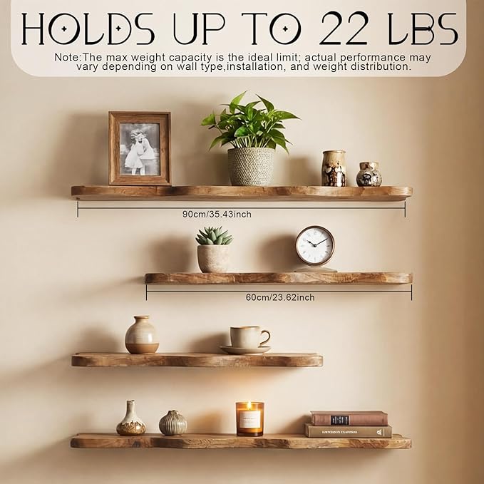 Pinkunn 4 Pcs Floating Shelves for Wall Wooden Live Edge Shelf Wall-Mounted Natural Solid Wood Bedroom Kitchen Storage Living Room Nursery Decor (23.62/35.43 Inch)