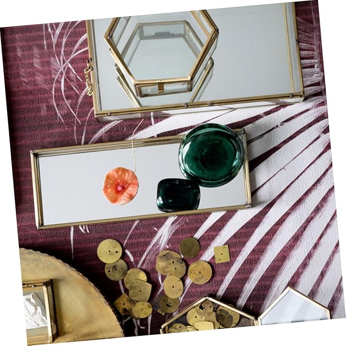 POPETPOP Vintage Golden-edged Glass Jewelry Box Organizer with Geometric Design, Wedding Jewelry Storage Holder for Desktop Display and Makeup Accessories