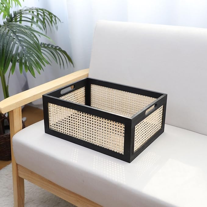 SHCMSADO Wooden Frame Storage Basket, Decorative Organizer Crates Box with Built-in Handle,Natural Wire Wood Nesting Drawer Storage for Kitchen, Bathroom and Office Desktop-(15" Lx11 Wx6.3 H-Black)