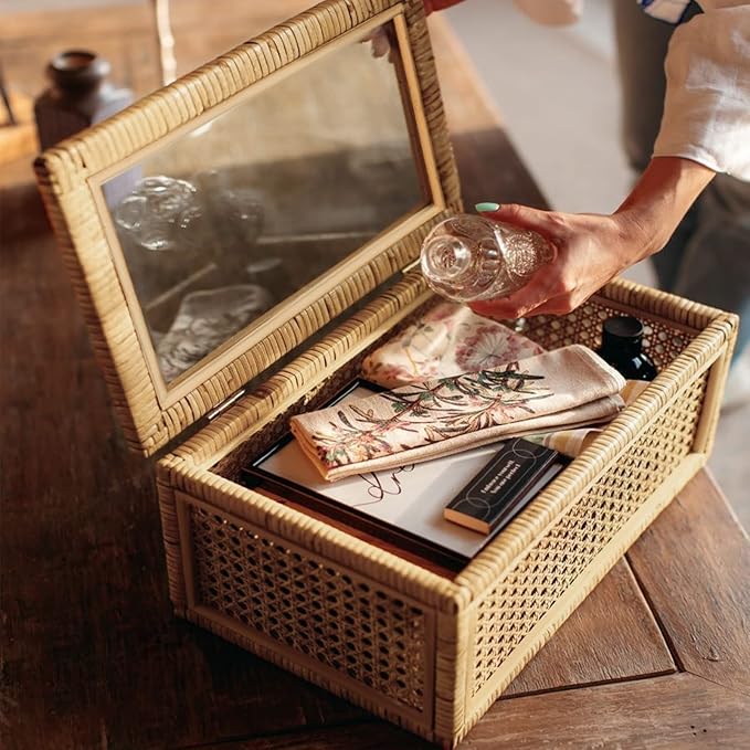 Large Handwoven Boho Rattan Display Boxes with Glass Lids - Set of 2 Rectangular Decorative Storage Bins - Natural Woven Cane Home Decor Organizers (15.55" x 9.64" x 5.9" & 12.48" x 6.88" x 4.52")