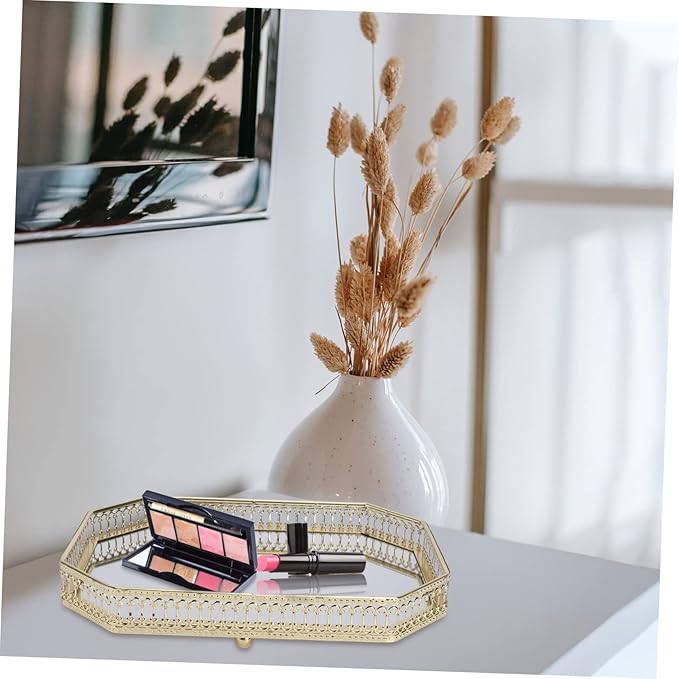 Garneck Nordic Style Mirror Jewelry Storage Tray Glass Makeup Organizer Polygonal Metal Plate Decorative Cosmetics Display for Home Decor