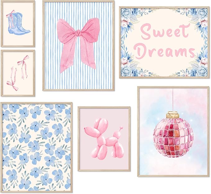 Habseligkeit Pink Posters for Room Aesthetic, Cute Wall Art Prints, Wall Decor Eclectic Home Decor Girls Bedroom Living Room Unframed, Set of 7