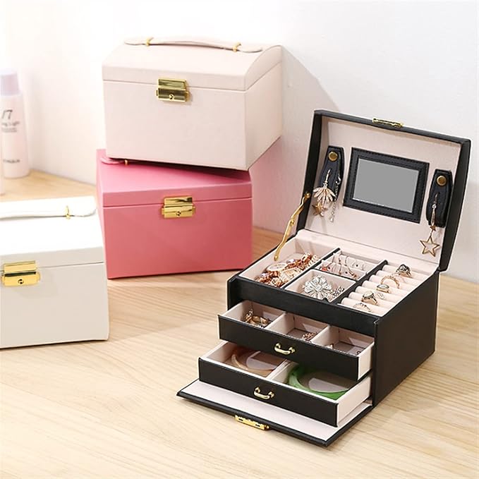 3layers Stud Earrings Ring Jewelry Box Portable Makeup Organizer with Mirror Women Travel Jewellery Storage Case 1Pcs (Color : Light Blue style1)