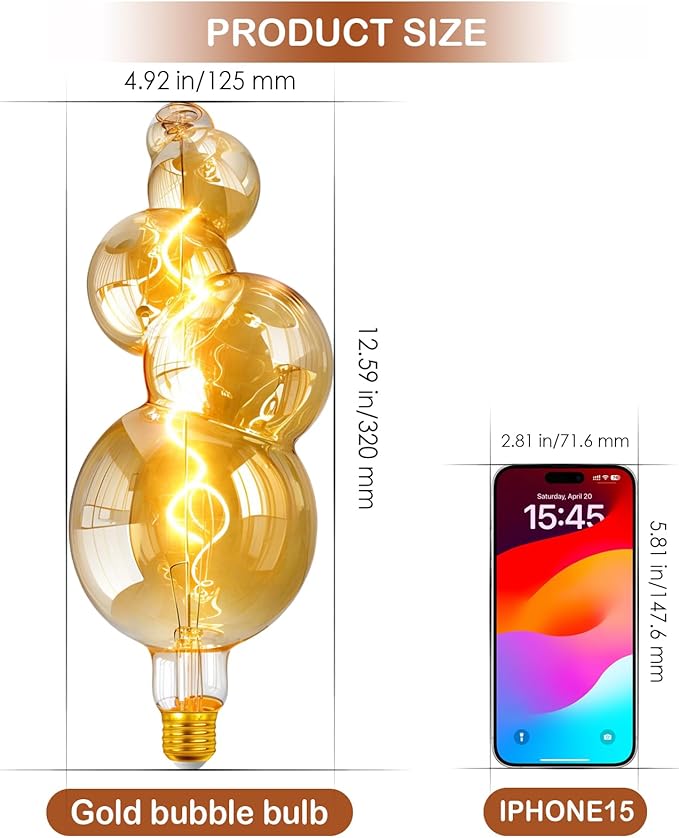 40 Watt Decorative Vintage LED Light Bulbs, Special Huge Bubble 4W LED Filament Edison Bulb,2700K Oversized Golden Warm Lights,Dimmable E26 Lamp Base,1-Pack