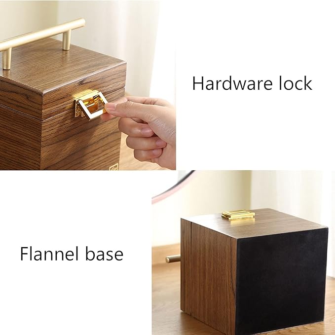 Makeup Organizers Solid Wooden Jewelry Box for Women Jewelry Armoire Ring Necklacel Gift Storage Box Travel Organizer with Mirror, Walnut Wood Color Jewelry Case