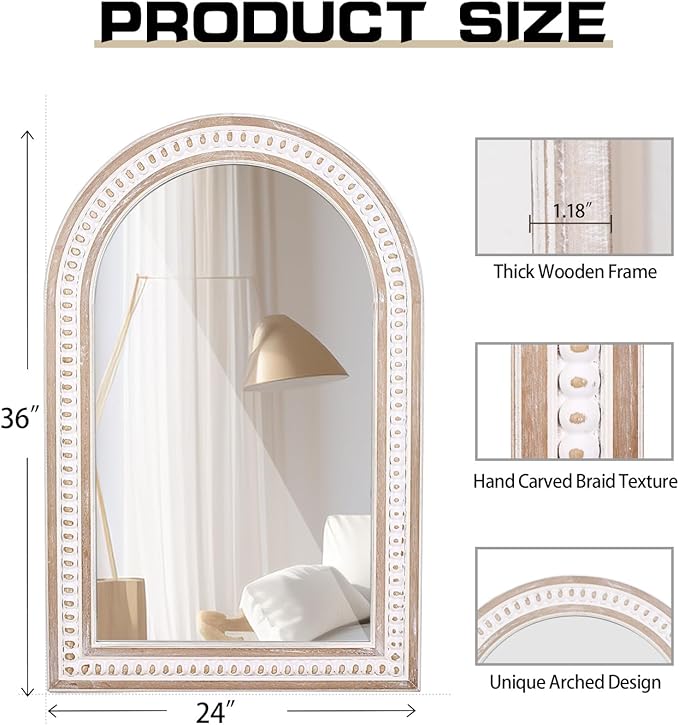 36 x 24 Inch Arched Wall Mirror with Beaded Wood Frame, Boho Farmhouse Decorative Arch Mirrors for Bathroom Over Sink, Living Room, Entryway