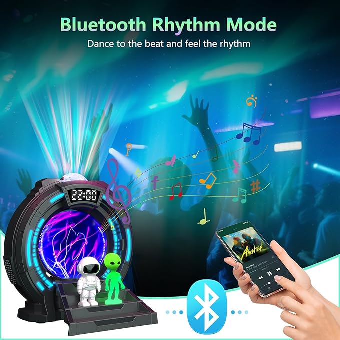 Galaxy Projector with Plasma Ball, 8 Aurora Lights, White Noise Machine, Bluetooth Speaker, Timer Alarm Clock, Remote Controlled Night Light for Bedroom, Kids/Adults, Party