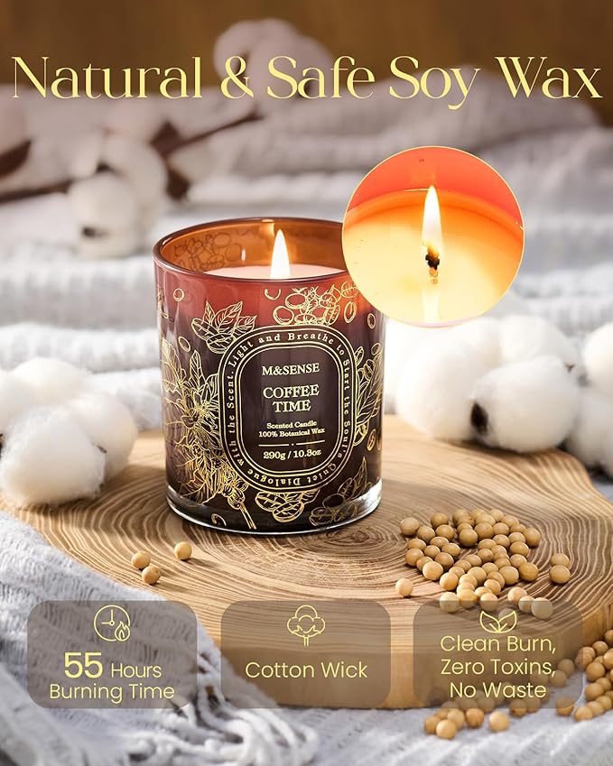 M&SENSE Coffee Scented Candle, Clean-Burning Non Toxic Soy Wax Candle, Cozy Stress Relief Coffee Aroma, 55 Hours Long Burning 10.3oz, Office Housewarming Gifts Home Decor for Women Men
