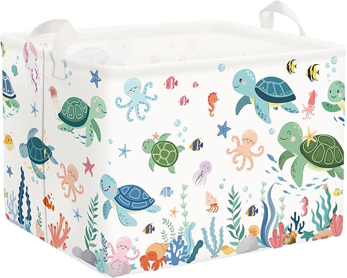 Clastyle Adorable Ocean Animals Kids Book Storage Basket Sea Turtle Clothes Laundry Basket Parents Gift Toy Box for Bedroom Shower, Green Turtle, 40x30x30 cm