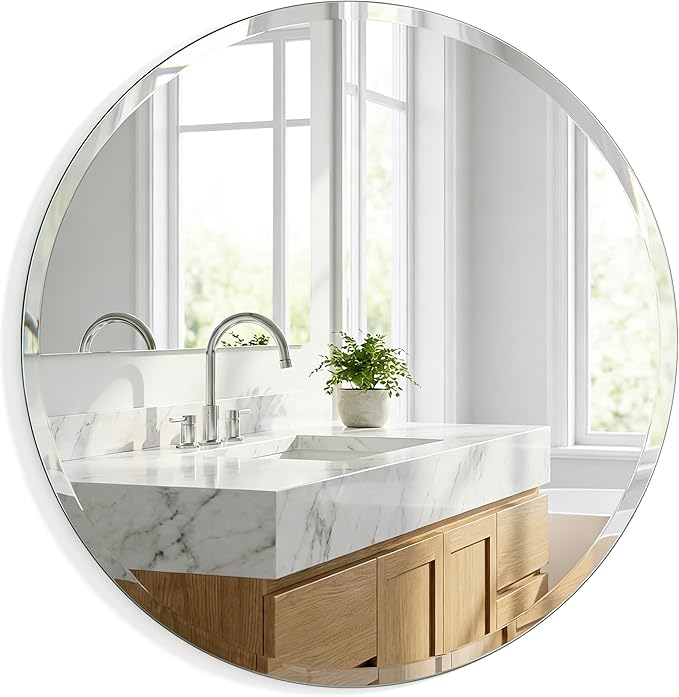 30 Inch Large Round Wall Mirror, Frameless Beveled Circle Mirror for Bathroom Vanity, Statement Decor Mirror for Living Room, Fireplace & Entryway, Solid Backed