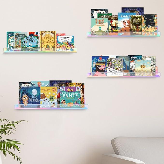 Dezzer 6 Pack Acrylic Shelves for Wall, 15" Acrylic Floating Shelves for Bathroom Bedroom, Invisible Bookshelf Wall Ledge Storage Shelf Books Perfume Toys Action Figure Display Shelves, Iridescent