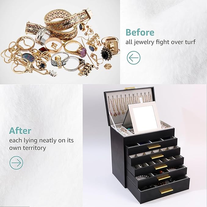 BOOVO Jewelry Boxes for Women, White and Black 6 Layer Large Jewelry Box for Necklace, Bracelet, Earrings, Rings Storage, Jewelry holder Organizer for Girls Gift (Black and Gold, 6 layer)