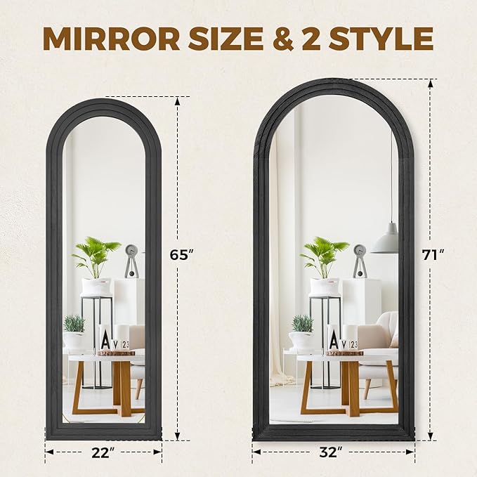 65"x22" Arched Floor Mirror, Solid Wood Full Length Mirror - Free Standing & Wall Mounted - Elegant Design for Bedroom, Dressing Room, Hallway, Black
