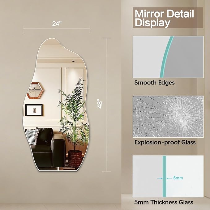 Niccy 48"×24" Frameless Wavy Full Length Mirrors, Long Wall-Mounted Mirror for Living Room, Large Full Body Floor Mirror, Explosion-Proof Tall Hanging-Mirror for Bathroom Bedroom Entryway Decor