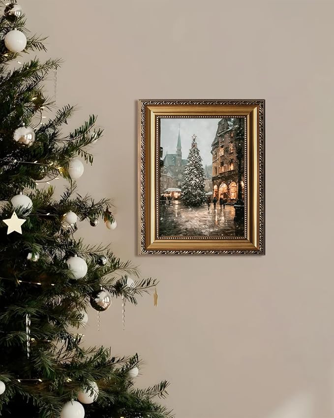 KBKBART Framed Canvas Wall Art 'Vintage Christmas Tree' Painting, Retro Farmhouse Artwork, Winter Mood Snow Picture, For Living Room & Bathroom Wall Decor - 9'x12'