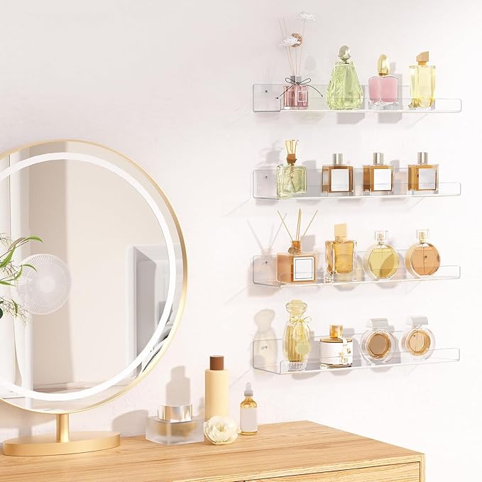 Acrylic Shelves for Bathroom Storage, 15" Floating Shelves Wall Organizer for Perfume, Make up, Skincare, Kids Bookshelf for Bedroom, Nursery, Living Room Decor, Clear 1 Pack
