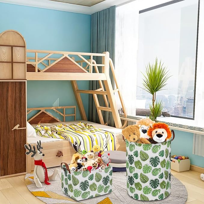NTAOHAMPER Round Green Laundry Hamper, Jungle Themed Nursery Decor, Tropical Pattern Basket, Monstera Room Decor,Waterproof Storage Bin, Gift Basket(Leaf)
