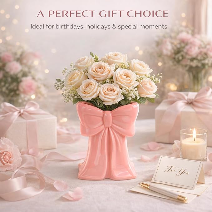 Pink Ceramic Bow Vases for Flowers, 6.1 Inch Flower Vases, Cute Makeup Brushes Organizer, Decorative Pen Holder for Office Home Dining Room Table Decor Bedroom Women Gifts (Pink)