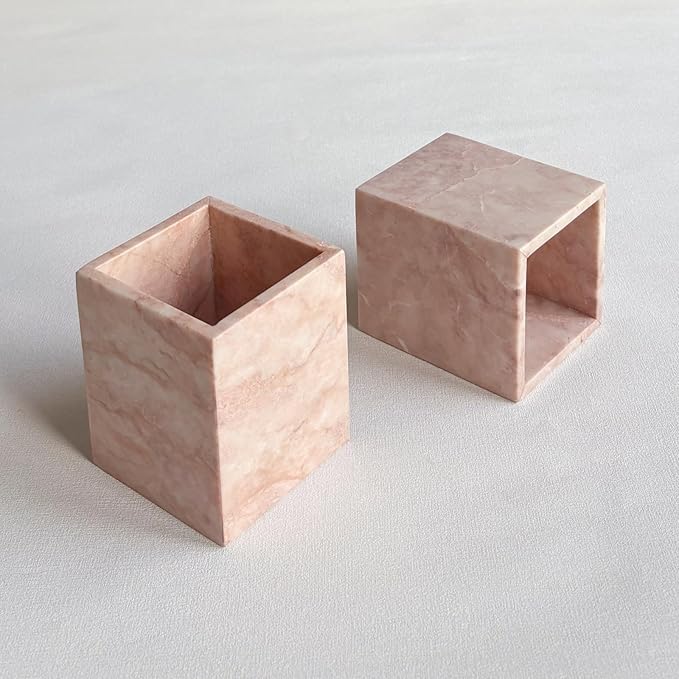 Natural Marble Stone Square Storage Container Empty Vessel Holder Cup for Candle/Pens/Sundries items (Cream Rose)
