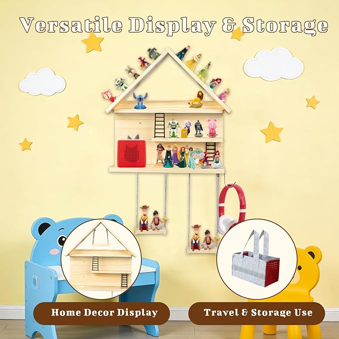WodGod Magnetic House-Shaped Display Shelf for Tonies, 3-Tier Wooden Shelf with Magnetic Strips, Swing Display Seats, Storage Organizer Compatible with Toniebox, Mounting Hardware & Felt Storage Bag