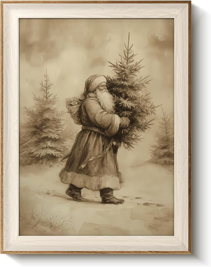 VIYYIEA Framed Wall Art for Living Room, Santa Claus Delivering a Christmas Tree Canvas Painting, a perfect holiday home decoration and gift for friends and family - 12 x 16 inches