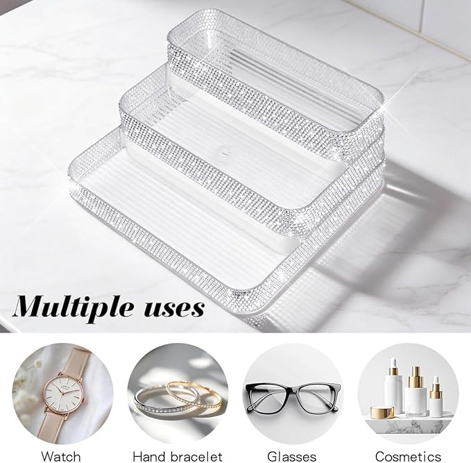 Bling Perfume Organizer Three-Tiered Shelf, Sparkle Perfume Lotion Skincare Stand, Shiny Spice Vitamins Bottles Holder, Glitter Sturdy Rack for Bathroom Countertop Cabinet Storage