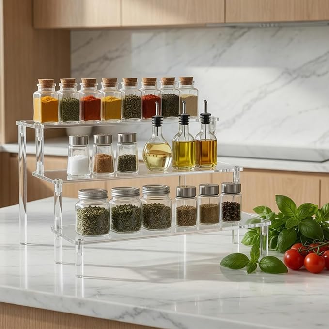 WEERSHUN 3 Tier Acrylic Display Stand Risers, Clear Tabletop Display Shelf for Perfume, Figures & Collectibles, Thick Acrylic Organizer for Cupcake, Cosmetics & Home Decoration