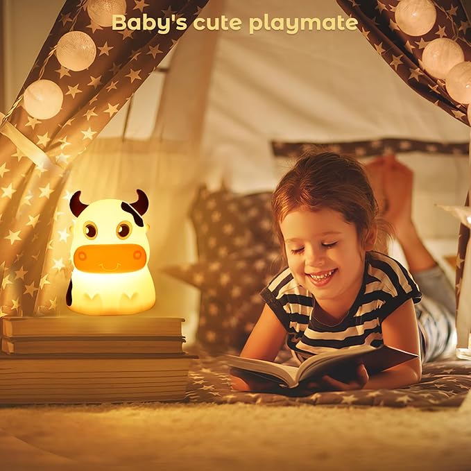 AVEKI Night Light for Kids, Portable Tap Control Rechargeable Nightlight Lamp, Color Changing, Remote Control Silicone Cute Animal Cow Night Lamp Bedroom Decor for Infant or Toddler (Cows-Remote)