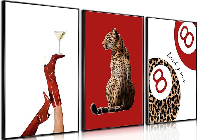 3Pcs Trendy Leopard Wall Art Preppy Funky Red Boot Martini 8 Ball Wall Decor Pictures Vintage Feminism Aesthetic Cheetah Canvas Poster Prints for Girly Bedroom Apartment Dorm Decoration 12X16Unframed