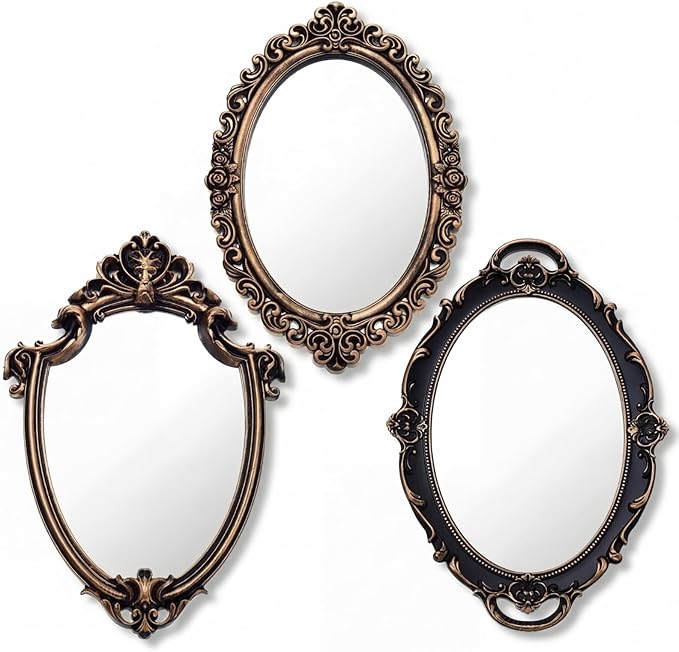 Beeveer 3 Style Vintage Mirrors Set Decorative Oval Wall Mirror Small Antique Mirrored Tray Decorative Hanging Mirror for Bathroom Bedroom Jewelry Organizer Victorian Decor (Shield,Antique Gold)