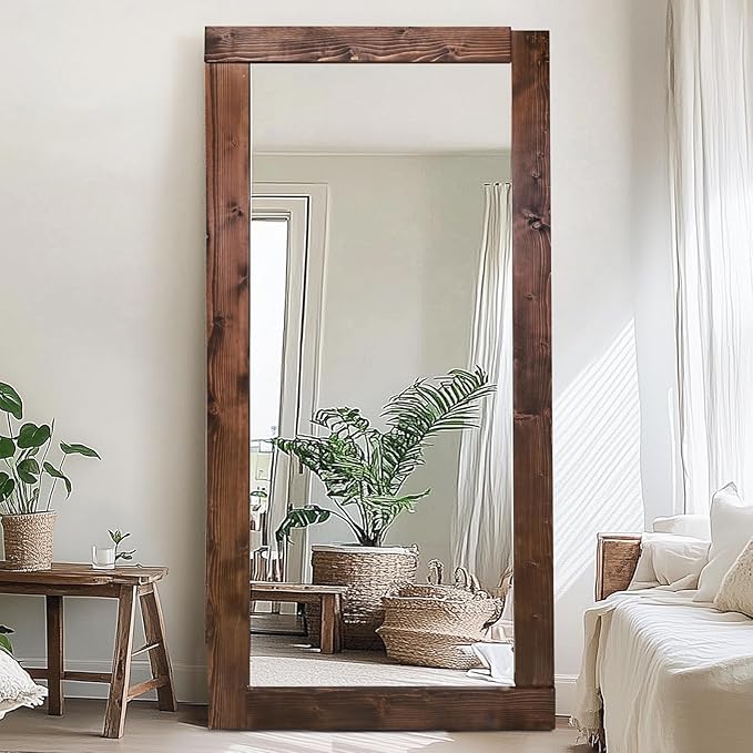 Full Length Mirror 71"x32" – Solid Wood Frame, HD Tempered Glass, Wall Mounted & Leaning, Rustic Modern Decor for Bedroom, Living Room, Entryway, Brown