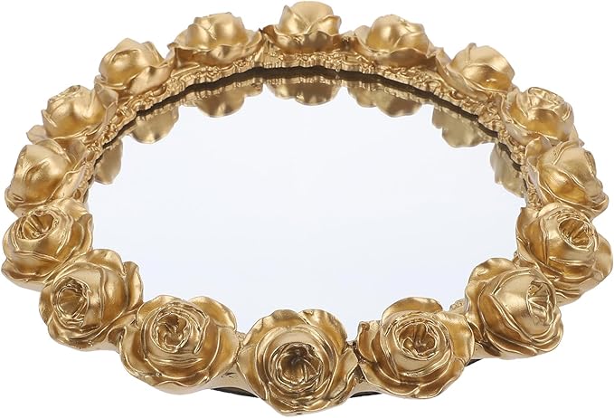 Toyvian Mirrored Rose Flower Decorative Tray Gold Round Vanity Organizer Perfume Makeup Jewelry Tray for Bathroom Counter Home Décor