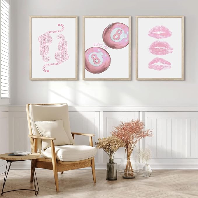 Pink Cheetah Wall Art Decor Trendy Leopard Prints Preppy Aesthetic Canvas Room Decor Y2k Leopard Wall Art 8 Ball Poster Coquette Funky Fashion Artwork for Girls Bedroom 16x24x3 Inch Wood Framed