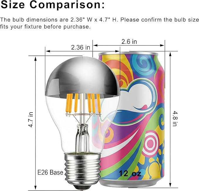 Half Chrome Light Bulb 6W (60 Watt Equivalent), Dimmable A19 A Shape 2700K Warm White Decorative LED Edison Bulb, Silver Tipped Light Bulbs E26 Base Pack of 4