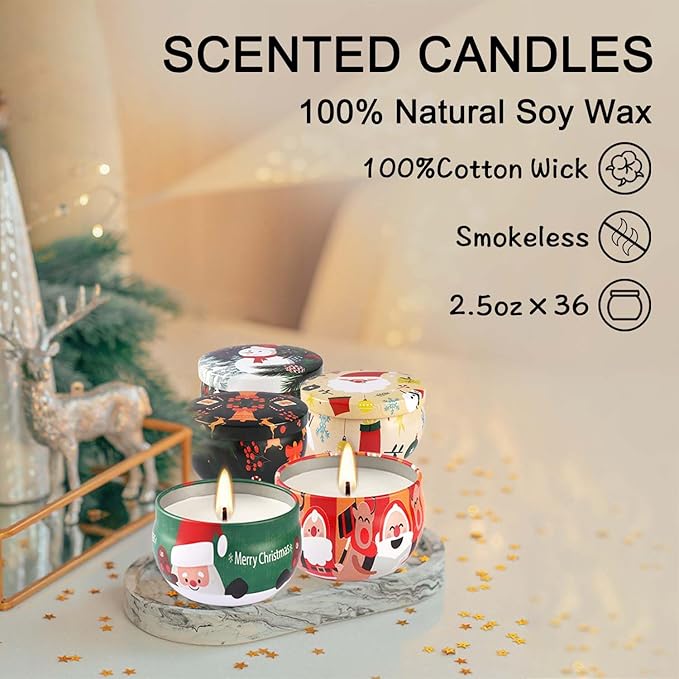 36Pack Christmasc Sets,Long Burning,2.5oz Natural Soy Wax with Essential Oils Decorative Aromatherapy Candles for Christmas，Thanksgiving Gift, Home Scented
