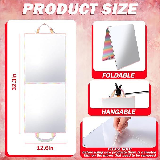 Foldable Full Length Mirror, Hanging Wall Mirror Portable Travel Mirror with Handle for Dance Home Bedroom Wardrobe Stage Makeup Checks Camping Outdoor Use (32.2" L x 12.5" W, Bi-Fold)