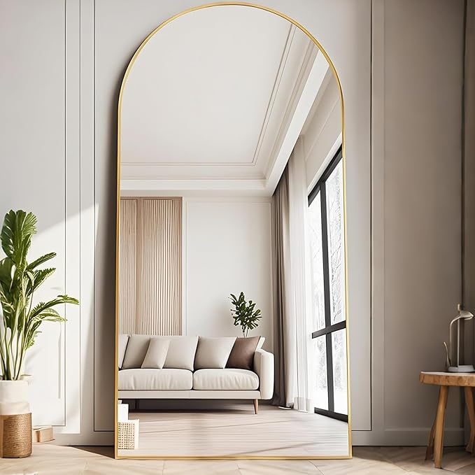 TinyTimes Full Length Mirror, 71''x30'' Floor Mirror with Stand, Arched Wall Mounted Mirror, Large Full Body Mirror with Aluminum Frame Hanging or Leaning for Bedroom, Living Room, Cloakroom (Gold)
