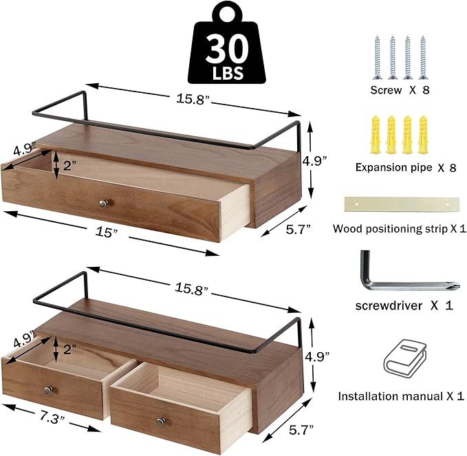 Floating Shelves for Wall Storage, Wall Mounted Bathroom Shelf with Drawers Set of 2, Rustic Wood Floating Drawers for Living Room, Kitchen, Home Decor, Plants, Books