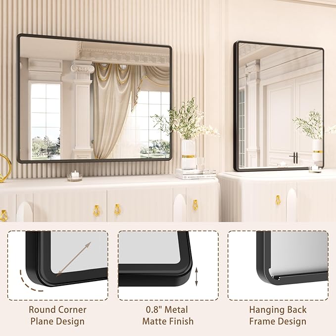 pertetey New Upgrade Bathroom Mirror, 40X32 Inch Black Metal Frame Wall Mounted Rounded Rectangle Bathroom Vanity Mirror with Tempered Glass for Washroom Bedroom Living Room