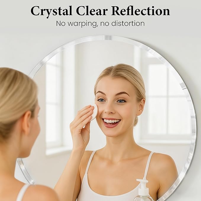 24 Inch Round Mirror for Wall Decor, Frameless Beveled Circle Mirror with Solid Backing, Small Round Bathroom Mirror for Vanity, Entryway & Bedroom, Flush Mount