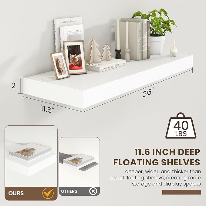 FLYJOE 12 Inch Deep Floating Shelves | 36 Inch White Floating Shelves | 36" W x 12" D Rustic Wood Shelves for Wall | Deep White Shelves for Living Room Bathroom Laundry Room Kitchen