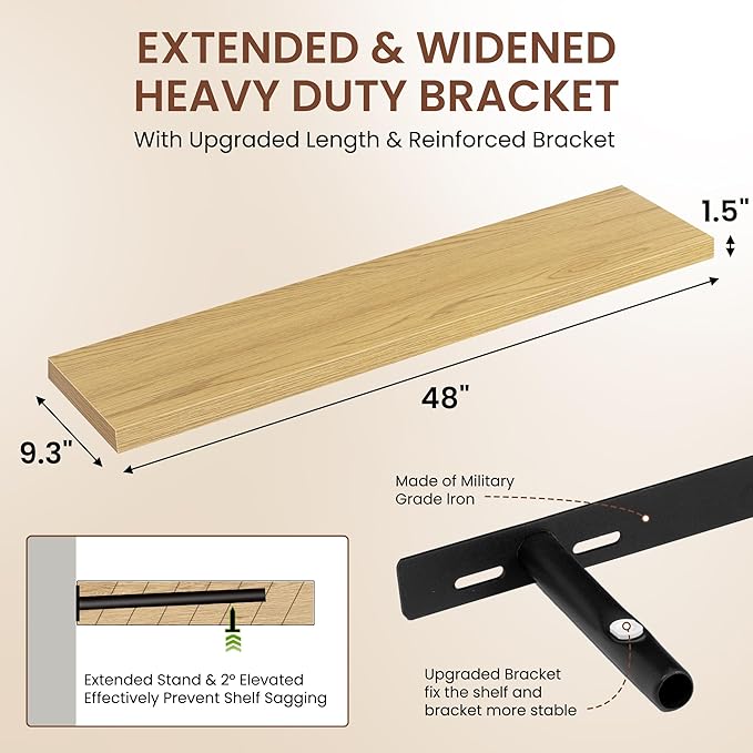 Dreamland 48 Inches Floating Shelves for Wall, 9.3" Deep Long Floating Shelves Set of 1, Large Display & Storage Shelf, Wall Shelf for Bathroom Bedroom Living Room Kitchen Office, Oak