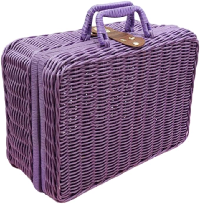 Woven Suitcase Imitation Rattan Storage Basket Portable Photo Prop Makeup Case Picnic Basket for Tabletop Bathroom Household, Violet L